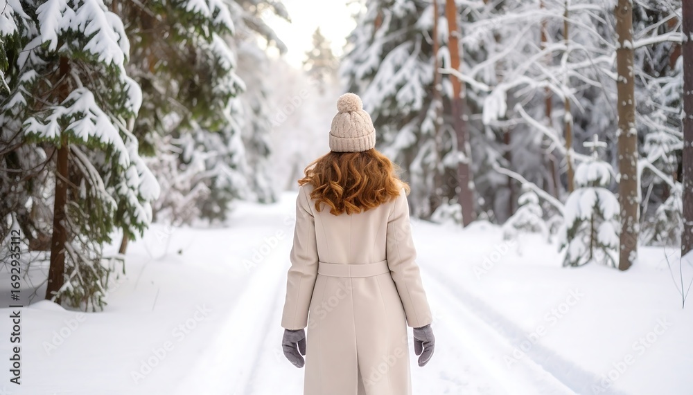 Fototapeta premium A person with red hair, wearing a winter coat and hat, walks on a snow-covered path in a winter forest. Sunlight filters through the trees