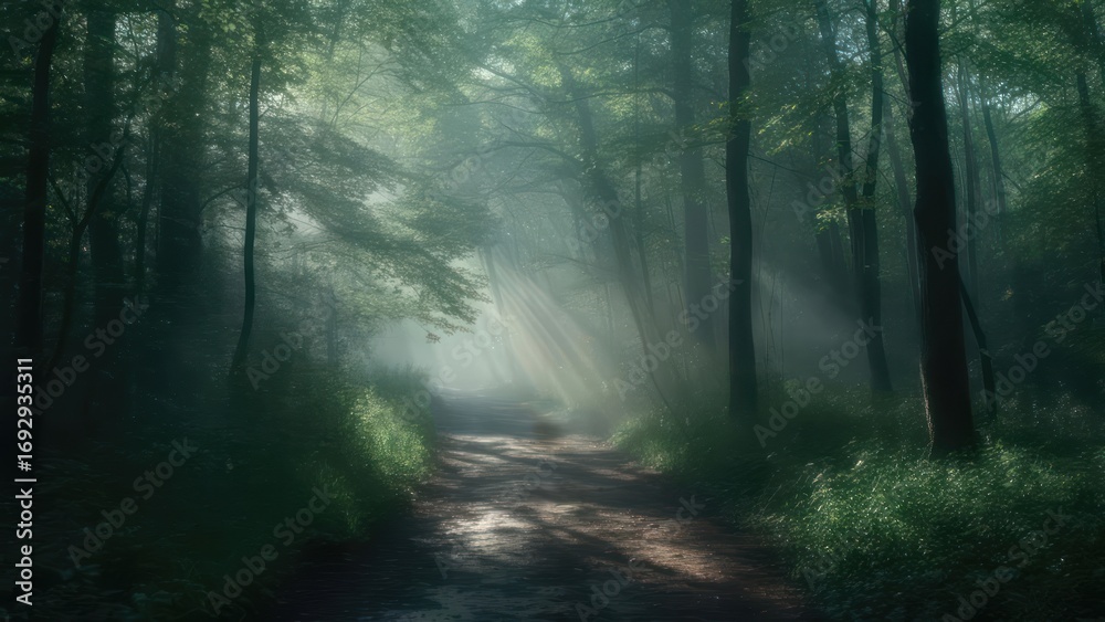 Fototapeta premium Sunlit path through a misty forest (1)