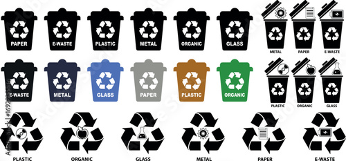 Vector recycle icons and trash can symbol set with organic plastic paper metal glass and e-waste recycling illustrations