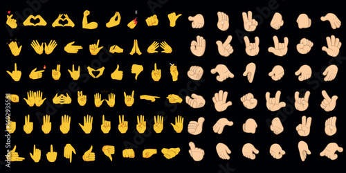 Vector set of hand emojis and emoticons in yellow and skin tones including handshake fingers fist like unlike and gestures