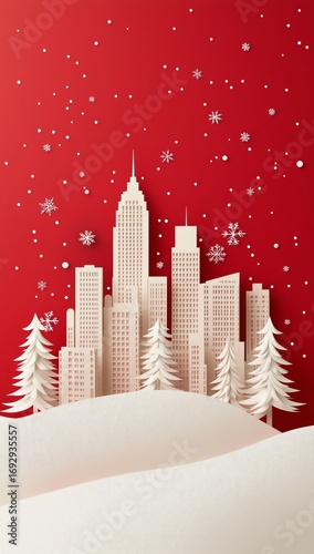 Holiday City Skyline With Paper Art Trees and Snowflakes on Red Background Du...