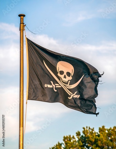 Black pirate flag with skull and crossed sabers, flapping in the breeze against a partly cloudy sky