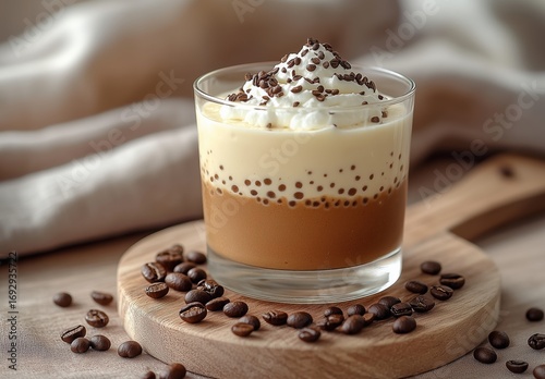 Delicious Layered Dessert Served in a Glass on a Wooden Board With Coffee Beans