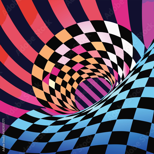 Colorful Abstract Tunnel With Checkerboard Pattern And Swirling Stripes vector illustration