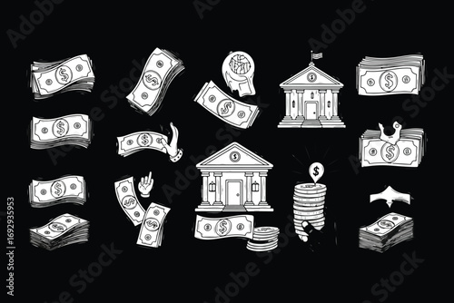 Hand drawn collection of money and bank icons on black background