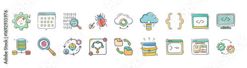 Hand drawn software development and coding icons set - Collection of colorful hand drawn icons representing software development and coding, including cloud computing, databases, code symbols