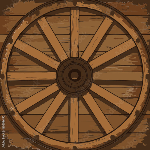 Wooden wagon wheel detail on rustic wooden wall. Detailed illustration of the wheel with spokes and hub, set against a weathered wooden plank background.