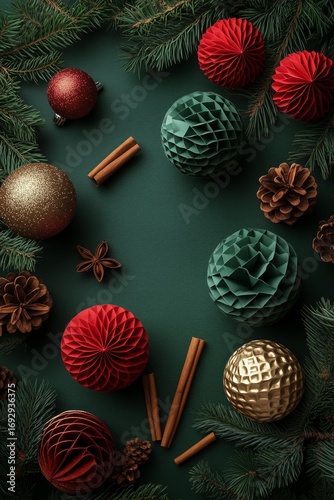 Festive Holiday Decorations With Colorful Ornaments and Natural Elements on D...