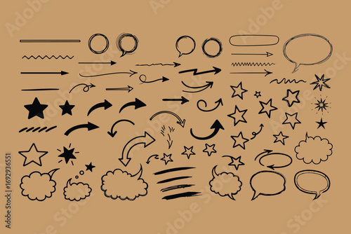 Hand drawn doodle elements on brown kraft paper background