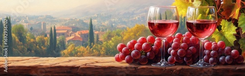 Vibrant Sunset Over Tuscan Vineyard With Wine Glasses and Fresh Grapes.