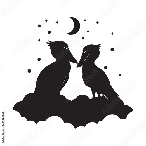 Two birds moonlit night silhouette stars