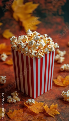 Popcorn Container Filled With Freshly Popped Popcorn on a Vibrant Background.