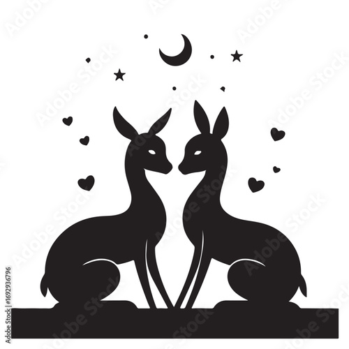 Two deer gazing at moon and stars silhouette night