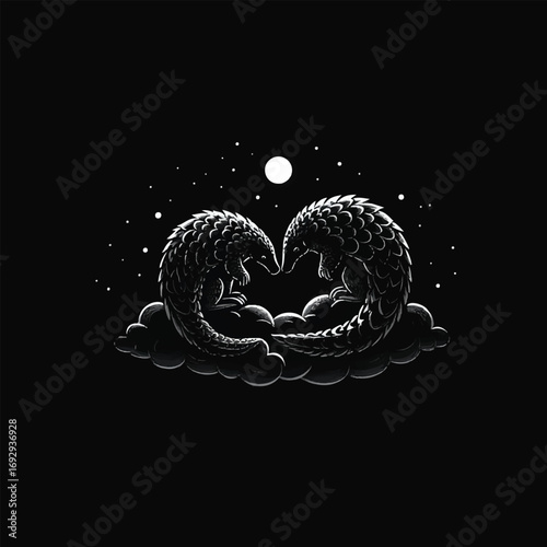 Two pangolins embracing under moon animal wildlife