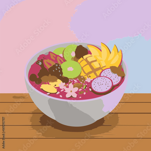 Colorful fruit bowl with vibrant toppings on a wooden surface. A healthy breakfast or dessert bowl with a variety of fresh fruits, nuts, seeds, and flowers.