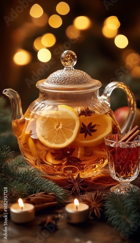 Warm Beverage Served in a Glass Teapot With Lemon and Spices During a Cozy Ho...