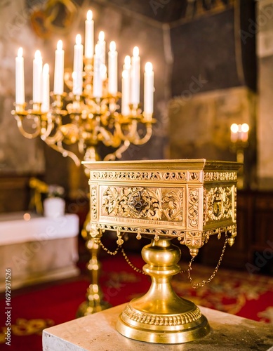 Ornate golden altar candlesticks and basin