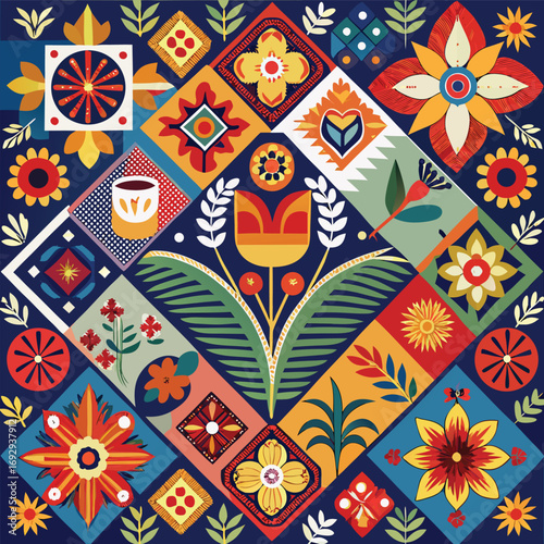 Colorful Folk Art Quilt Pattern with Flowers and Geometric Shapes on Dark Blue Background abstract border