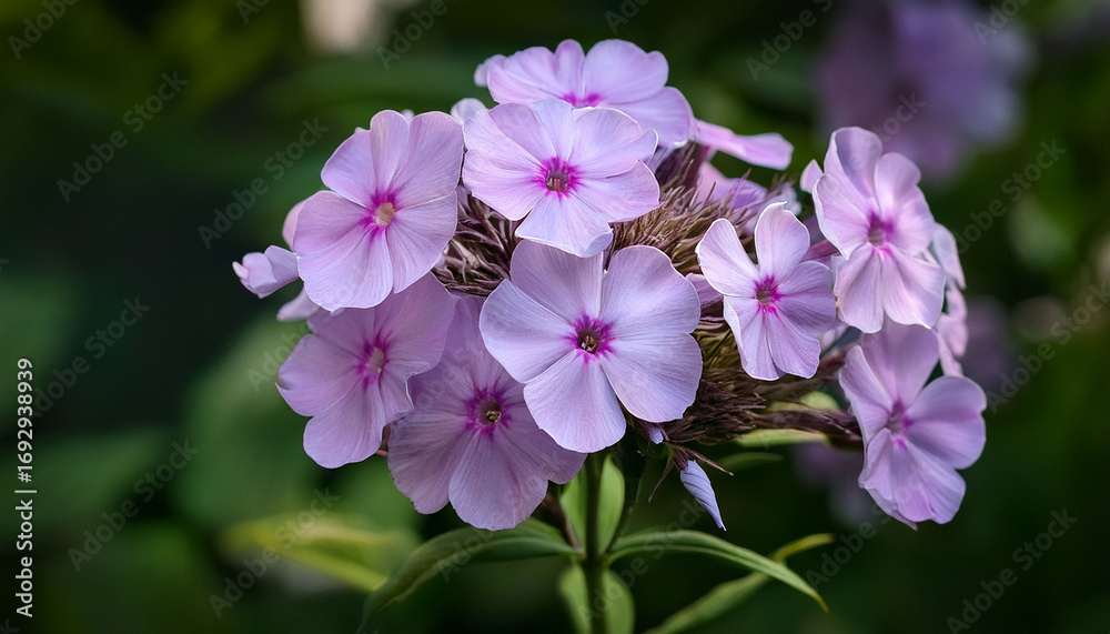Obraz premium Pale Lavender Phlox Cluster Close Up Against Green Foliage