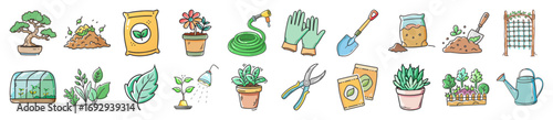 Hand drawn gardening icons set - Collection of colorful hand drawn icons representing gardening, including bonsai tree, soil, fertilizer bag, hose, gloves, shovel, seeds, rake, trellis, greenhouse
