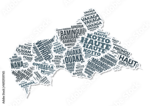 Central African Republic shape text cloud. Country border with shadow on white background. Central African Republic with regions division in vintage gazette style. Stylish vector illustration.
