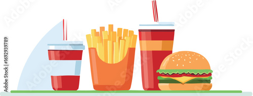 food, isolated, fries, fast, french, snack, burger, drink, hamburger, white, vector, potato, fast food, meal, sandwich, glass, cheese, red, straw, cup, lunch, cheeseburger, icon, illustration, chips
