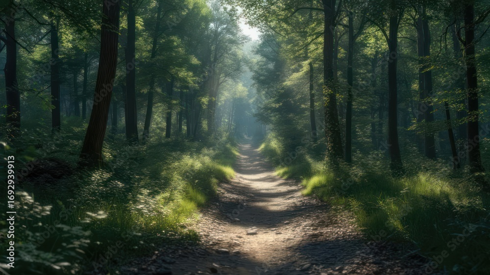 Fototapeta premium Sunlit path through a dense forest (1)