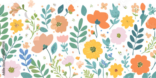flower, pattern, floral, nature, seamless, design, summer, vector, illustration, spring, butterfly, leaf, wallpaper, flowers, art, plant, decoration, cartoon, card, season, blossom, garden, element, t