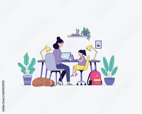 Mother and Daughter Working and Studying at Home