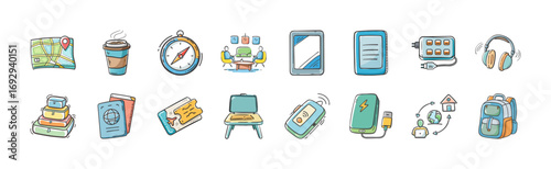 Hand drawn travel essentials icons set - Collection of colorful hand drawn icons representing travel essentials, including map, coffee cup, compass, passport, tickets, luggage, gadgets, headphones