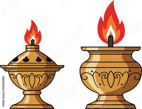 Stylized traditional brass incense burner and oil lamp with flames, ideal for spiritual, religious, or decorative themes, symbolizing light, prayer, and ancient rituals.