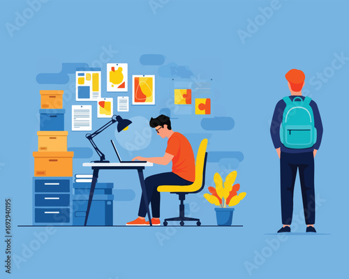 Student Working on Laptop While Another Leaves