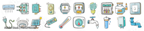 Hand drawn utilities and infrastructure icons set - Collection of colorful hand drawn icons representing utilities and infrastructure, including electricity, water supply, solar panels, meters
