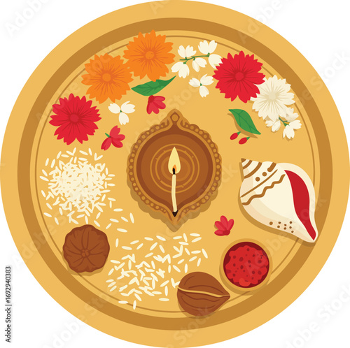 Ornate Hindu Puja Thali for religious rituals, festivals, and traditional ceremonies. Detailed cultural worship platter with offerings.