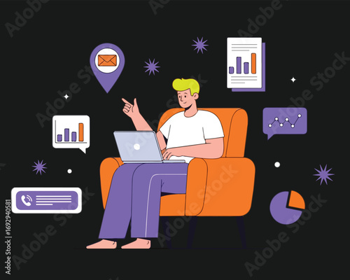Man Working Remotely with Data and Communication Icons