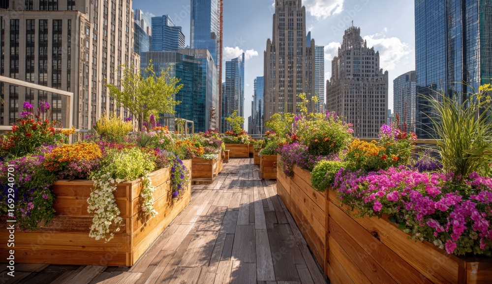 Fototapeta premium Urban rooftop garden walkway