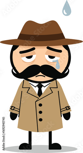 Sad cartoon character, trench coat, fedora hat, emotional illustration, tear drop, depression concept, vintage style, detective theme, sorrowful expression, melancholic mood