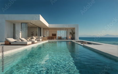 Modern Villa With Pool Overlooking Tranquil Sea at Sunset Near Coastal Cliffs.
