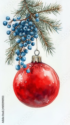 Red Christmas Ornament Hanging From Pine Branch With Blue Berries Against a L...