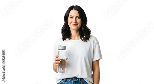 Young Woman Holding Water Bottle Looking At Camera Isolated On Black Background Healthy Lifestyle