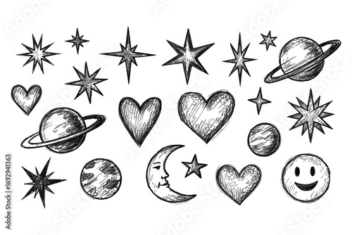 Whimsical hand drawn celestial and heart elements