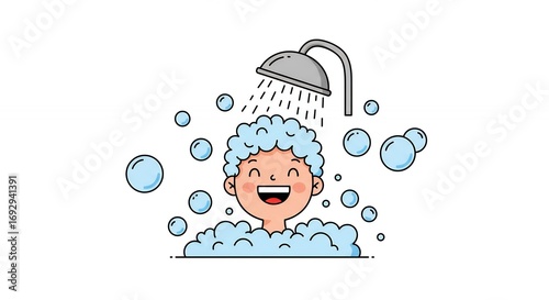 Child taking shower with soap bubbles