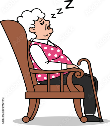 Sleeping elderly cartoon, rocking chair, white hair, peaceful rest, cane beside, senior character, nap time, vector illustration, aging, relaxatio