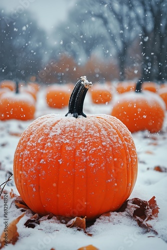 Snowfall Coats Bright Orange Pumpkins in a Peaceful Autumn Landscape During a...