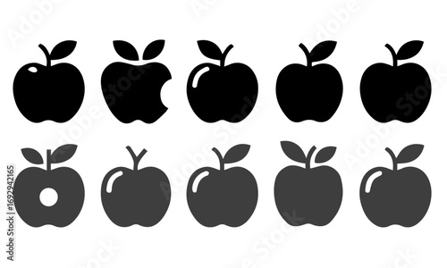 A set of nine simple, black silhouette apple icons, showcasing different stages of consumption, from whole to bitten.