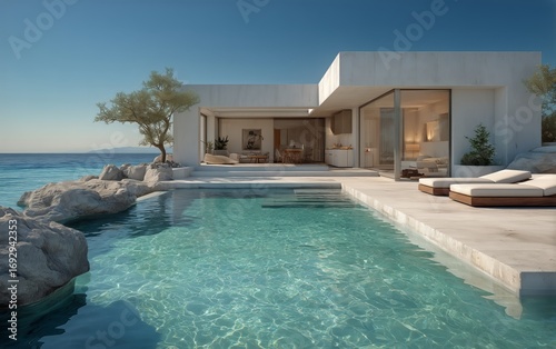 Modern Villa With Pool Overlooking Tranquil Sea at Sunset Near Coastal Cliffs