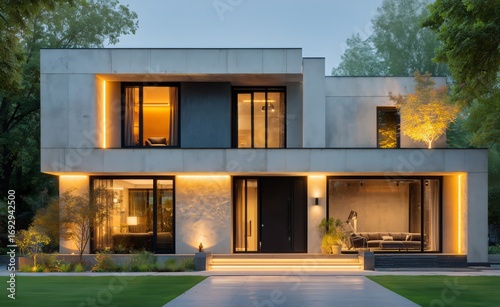 Modern Architectural Design of a Stylish House Illuminated at Dusk in a Seren...