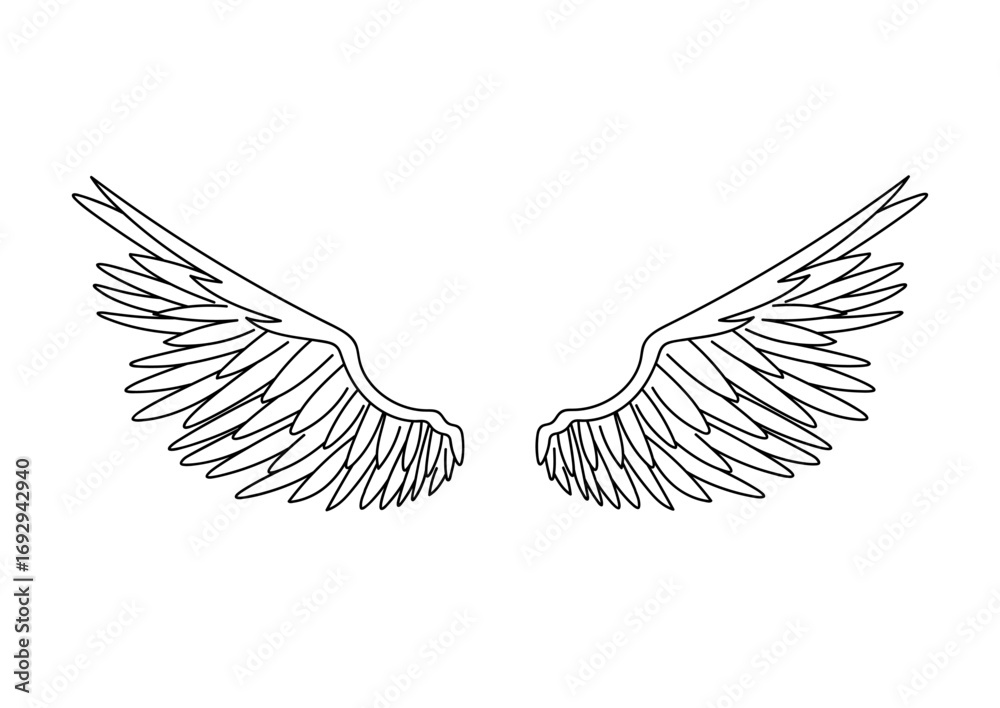 Fototapeta premium Wings ink sketch on isolated background. Heaven, mystical motif doodle. Fantasy vector illustration in line art style. Angel running wing for design, tattoo, sign. Hand drawn symbol of freedom