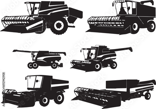 Silhouetted Harvesters Tractors Agricultural Machinery