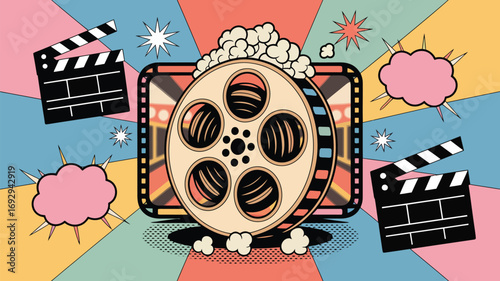 Retro cinema vibes with vibrant movie reel, clapperboards, and cartoon explosions create a fun, vintage film festival atmosphere for posters, invitations, and social media campaigns